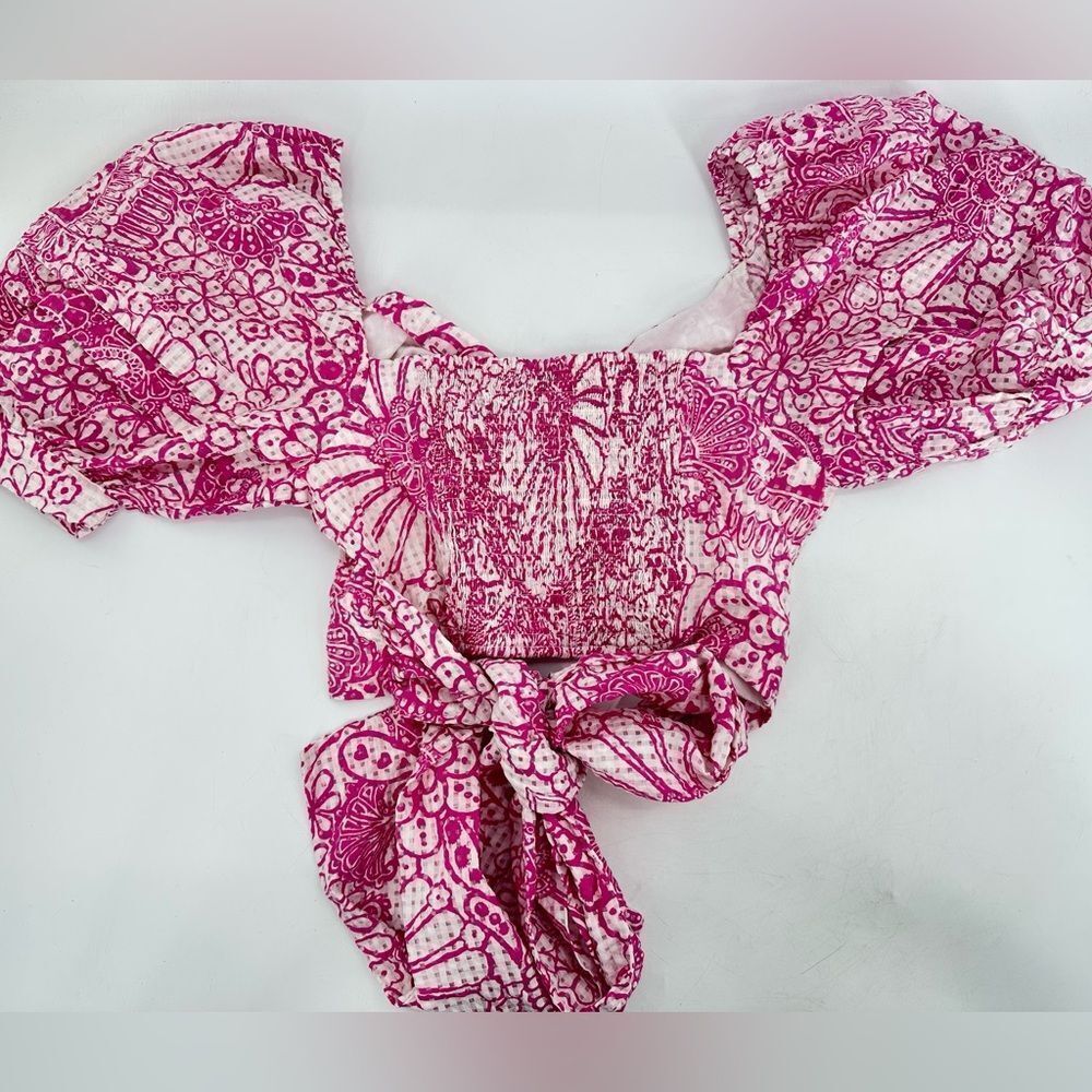 Anthropologie Pink & White Printed Puff-Sleeve Cropped Top - Picture 6 of 10